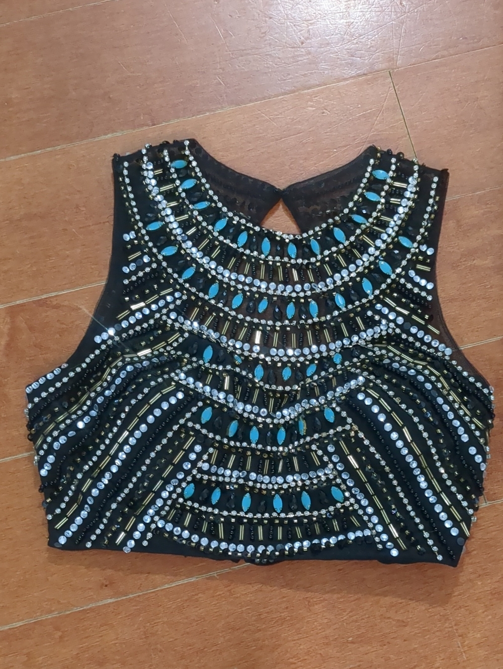 Jovani Eye Candy Beaded Halter Crop Top-Teal, Rhinestone, Gold,& Black Beading-S